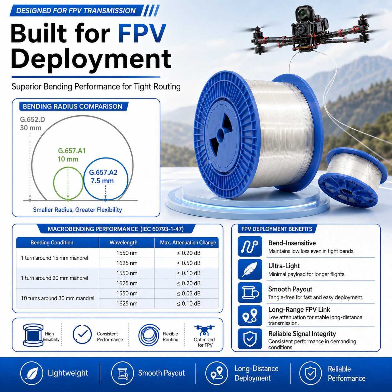 FPV Drone Fiber Optic Cable G657A2 Bare Fiber Reel 0.27mm Single Mode Optical Fiber for Long Distance Transmission